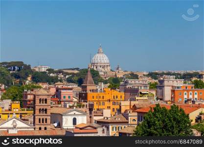 Rome. View of the city from the Aventine hill.. Aerial view of Rome from top of the Aventine hill on a sunny day.