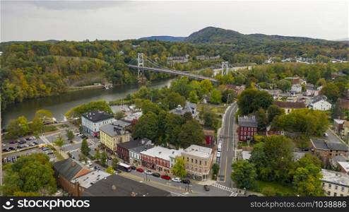 Rondout Creek flows past under bridges on the waterfront in South Kingston New York USA