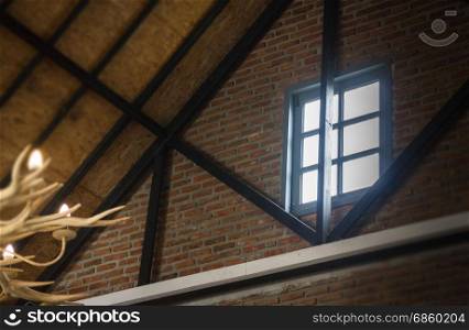 Roof and window of cabin, stock photo
