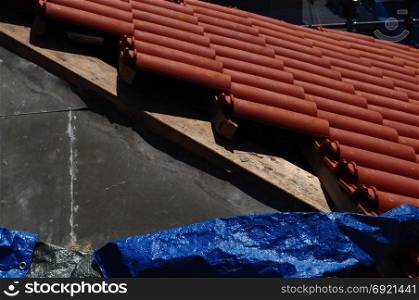 roof construction in building site. roof construction in a building site area