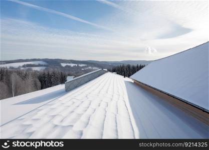 roof of new house, covered in snow, with view of winter landscape, created with generative ai. roof of new house, covered in snow, with view of winter landscape