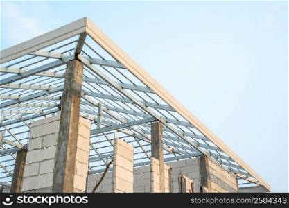 Roof structure of a house under construction.
