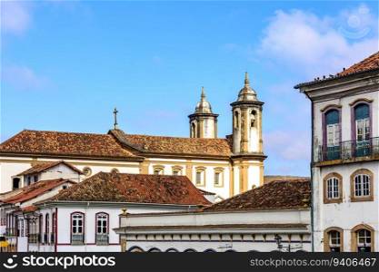 Roof, towers and windows of historic houses and churches in the city of Ouro Preto in Minas Gerais. Roof, towers and windows of historic houses