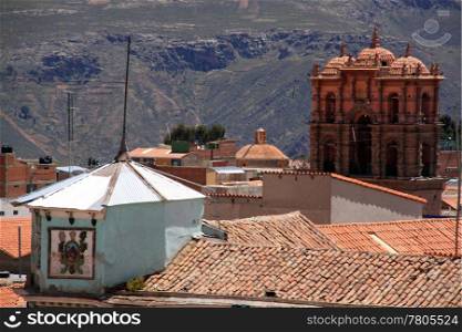 Roofs and towers of church in Potosi, Bolivia