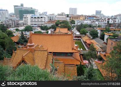 Roofs of buildings in old buddhist temple in Kunming, China