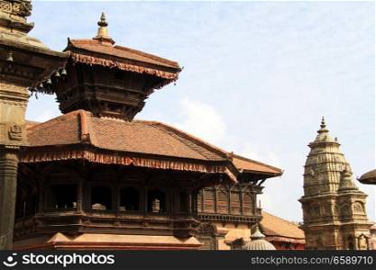 Roofs of pagoda amd temple on the Durbar square in Bhaktapur, Nepal