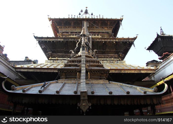 Roofs of pagoda in buddhist temple in Patan, Nepal
