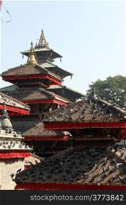Roofs with birds on the Durbar square in Khatmandu, Nepal