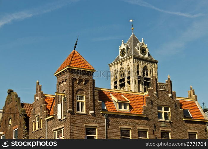 Rooftop architectural details of historic building in Netherlands