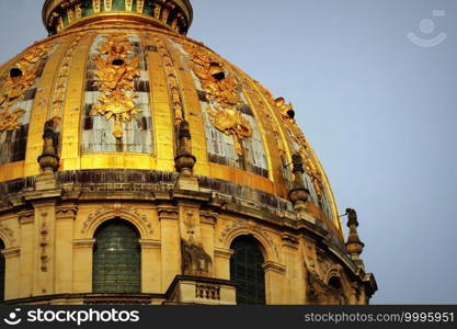 Rooftop of Les Invalides in Paris close up against a blue sky.