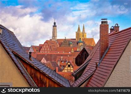 Rooftops and landmarks of historic town of Rothenburg ob der Tauber view, Romantic road of Bavaria region of Germany
