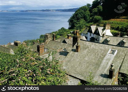 Rooftops of Clovelly with the sea in the background, England