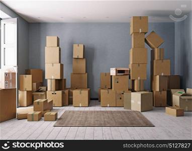 Room full of cardboard boxes. 3d concept
