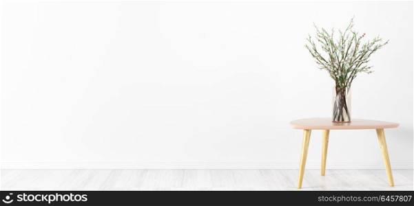 Room interior background, glass vase with flower branches on the table over white wall, panorama, 3d rendering