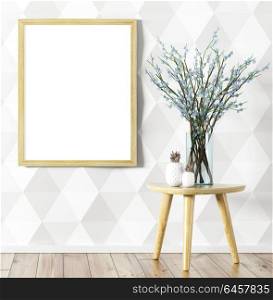Room interior background, mock up poster and glass vase with flower branches on the table over white paneling wall, 3d rendering