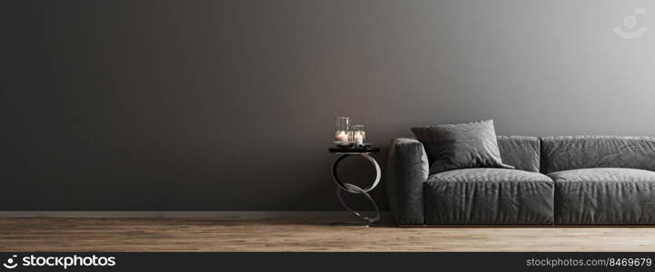 Room interior background with gray wall and sofa on wooden floor with coffee table, living room mock up, gray empty wall, modern scanvinavian style, 3d render