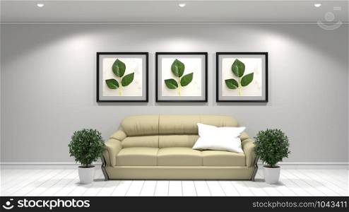Room interior wall mock up with modern sofa and green plant and frames on white wall background