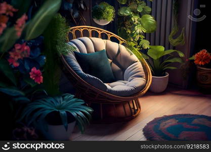 Room interior with comfortable papasan chair.  Trendy living room interior with comfortable armchair.  Generative AI
