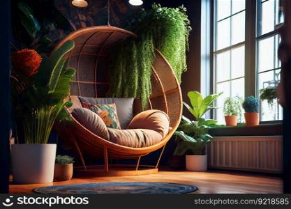 Room interior with comfortable papasan chair.  Trendy living room interior with comfortable armchair.  Generative AI
