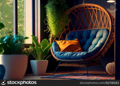 Room interior with comfortable papasan chair.  Trendy living room interior with comfortable armchair.  Generative AI
