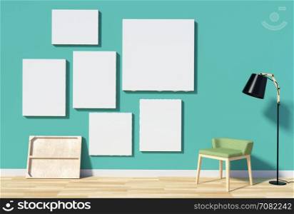Room interior with empty canvas for mock up on green wall with chair and floor lamp, 3D rendering