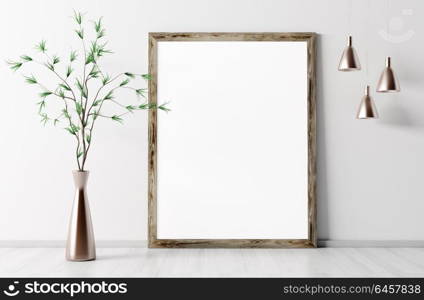 Room interior with mock up frame on the parquet floor, lights and vase with branch, background 3d rendering