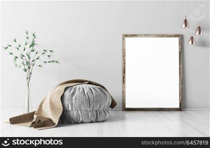 Room interior with ottoman, mock up frame on the parquet floor, lights and vase with branch, background 3d rendering