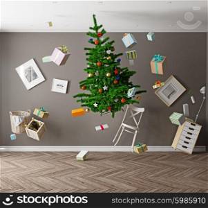room with a Christmas tree and zero gravity. 3d concept
