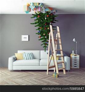 room with a Christmas tree on the ceiling. 3d concept