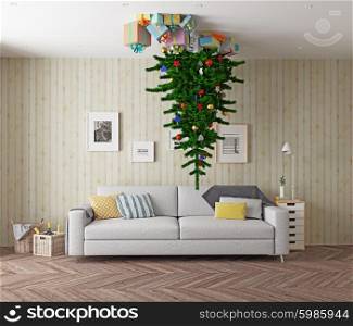 room with a Christmas tree on the ceiling. 3d concept