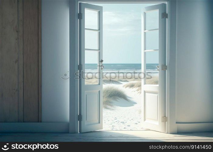 Room with an open door in sea beach , Generate Ai