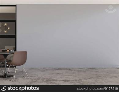 Room with concrete floor, gray wall and empty space. Table with chairs. Mock up interior. Free, copy space for your furniture, picture, decoration and other objects. 3D rendering. Room with concrete floor, gray wall and empty space. Table with chairs. Mock up interior. Free, copy space for your furniture, picture, decoration and other objects. 3D rendering.