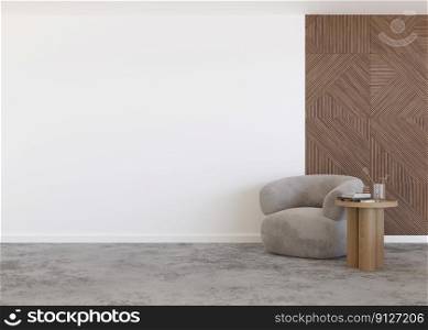 Room with concrete floor, white and wooden wall and empty space. Armchair, table. Mock up interior. Free, copy space for your furniture, picture, decoration and other objects. 3D rendering. Room with concrete floor, white and wooden wall and empty space. Armchair, table. Mock up interior. Free, copy space for your furniture, picture, decoration and other objects. 3D rendering.