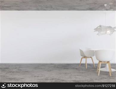 Room with concrete floor, white wall and empty space. Table with chairs. Mock up interior. Free, copy space for your furniture, picture, decoration and other objects. 3D rendering. Room with concrete floor, white wall and empty space. Table with chairs. Mock up interior. Free, copy space for your furniture, picture, decoration and other objects. 3D rendering.