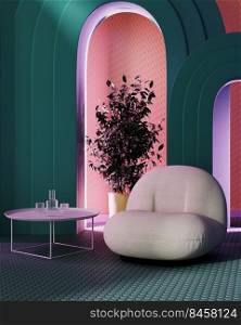 Room with contemporary design with colorful arhces with cove neon lighting, armchairs with coffee table, 3d rendering