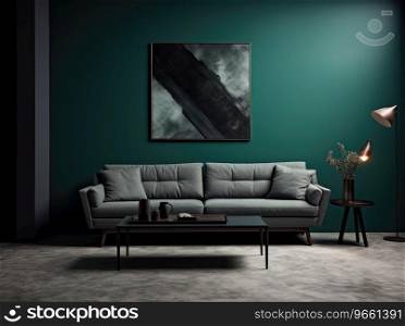 Room with gray sofas and black wooden furniture in front of dark.