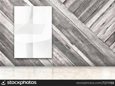 room with hanging blank crumpled white poster at diagonal wooden wall and marble floor room,Template Mock up for your content.