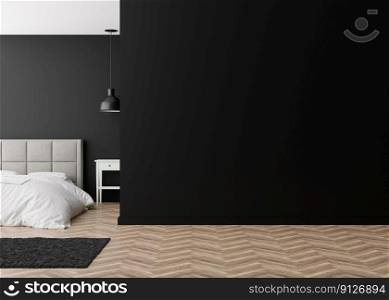 Room with parquet floor, black wall and empty space. Bed, carpet. Mock up interior. Free, copy space for your furniture, picture, decoration and other objects. 3D rendering. Room with parquet floor, black wall and empty space. Bed, carpet. Mock up interior. Free, copy space for your furniture, picture, decoration and other objects. 3D rendering.