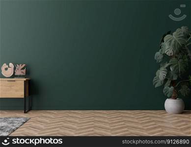 Room with parquet floor, dark green wall and empty space. Sideboard, monstera plant. Mock up interior. Free, copy space for your furniture, picture, decoration and other objects. 3D rendering. Room with parquet floor, dark green wall and empty space. Sideboard, monstera plant. Mock up interior. Free, copy space for your furniture, picture, decoration and other objects. 3D rendering.