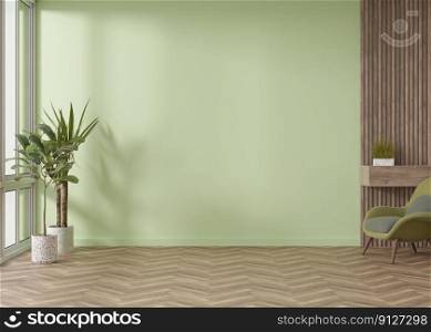 Room with parquet floor, green wall and empty space. Armchair, plants. Mock up interior. Free, copy space for your furniture, picture, decoration and other objects. 3D rendering. Room with parquet floor, green wall and empty space. Armchair, plants. Mock up interior. Free, copy space for your furniture, picture, decoration and other objects. 3D rendering.