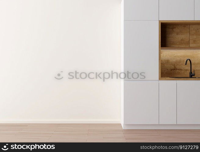 Room with parquet floor, white wall and empty space. Kitchen furniture. Mock up interior. Free, copy space for your furniture, picture, decoration and other objects. 3D rendering. Room with parquet floor, white wall and empty space. Kitchen furniture. Mock up interior. Free, copy space for your furniture, picture, decoration and other objects. 3D rendering.