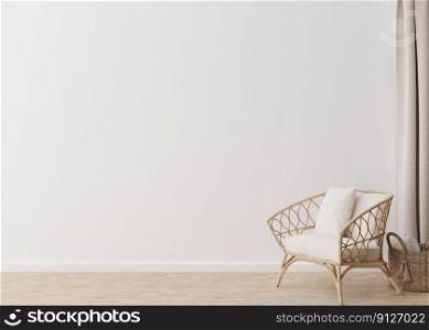 Room with parquet floor, white wall and empty space. Rattan armchair, basket. Mock up interior. Free, copy space for your furniture, picture, decoration and other objects. 3D rendering. Room with parquet floor, white wall and empty space. Rattan armchair, basket. Mock up interior. Free, copy space for your furniture, picture, decoration and other objects. 3D rendering.