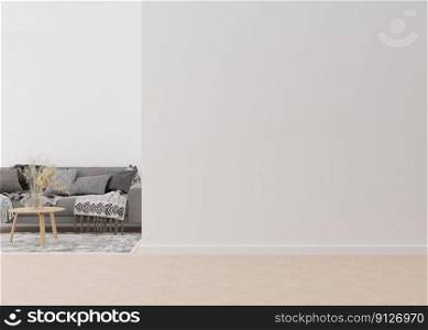 Room with sofa, white walls and empty space. Mock up interior. Free, copy space for your furniture, picture, decoration and other objects. 3D rendering. Room with sofa, white walls and empty space. Mock up interior. Free, copy space for your furniture, picture, decoration and other objects. 3D rendering.