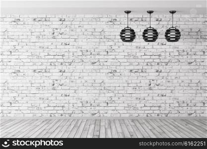 Room with three lamps against of brick wall, wooden floor, interior background 3d rendering