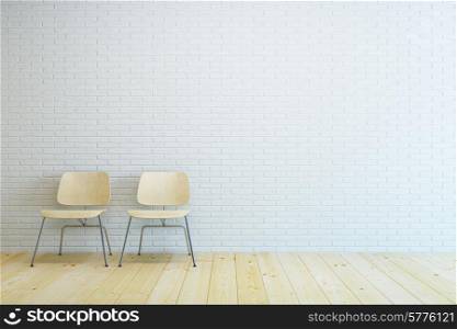 room with two modern chair and white brick wall