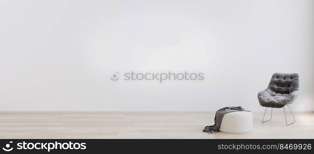 Room with white wall and wooden floor with white pouf and grey modern armchair. Bright room interior mockup. Empty room for mockup. 3d rendering.
