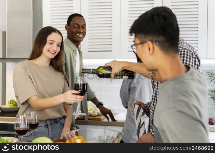 roommates drinking wine medium shot