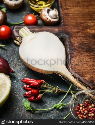 Root vegetable and vegetarian ingredients for Healthy cooking, close up