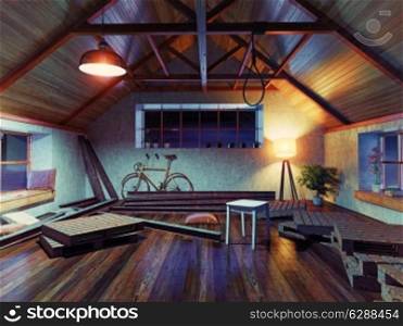rope noose in the untidy attic. 3d concept