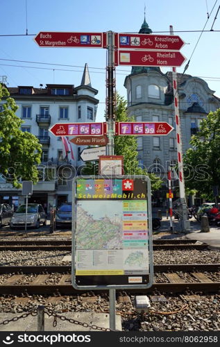 RORSCHACH, SWITZERLAND -- CIRCA JULY 2016 Signs on the post near railway station